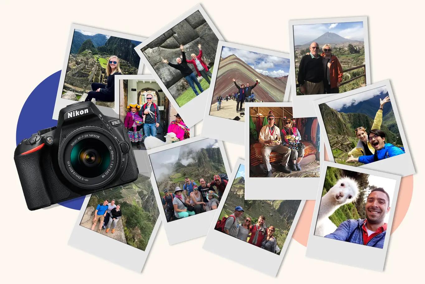 A collage of Machu Picchu, a female backpacker and a photographer taking a photo.