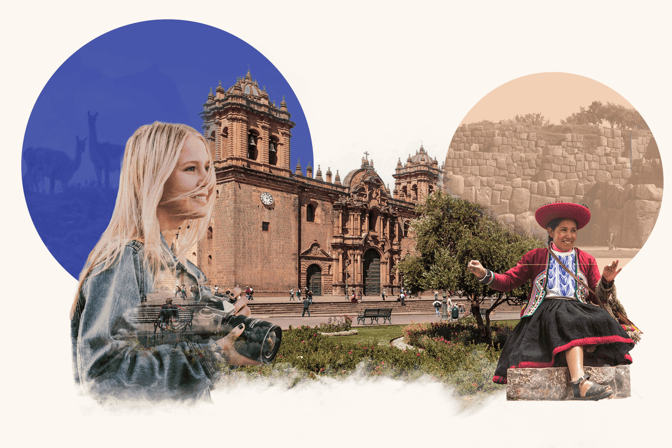 A collage of Machu Picchu, a female backpacker and a photographer taking a photo.