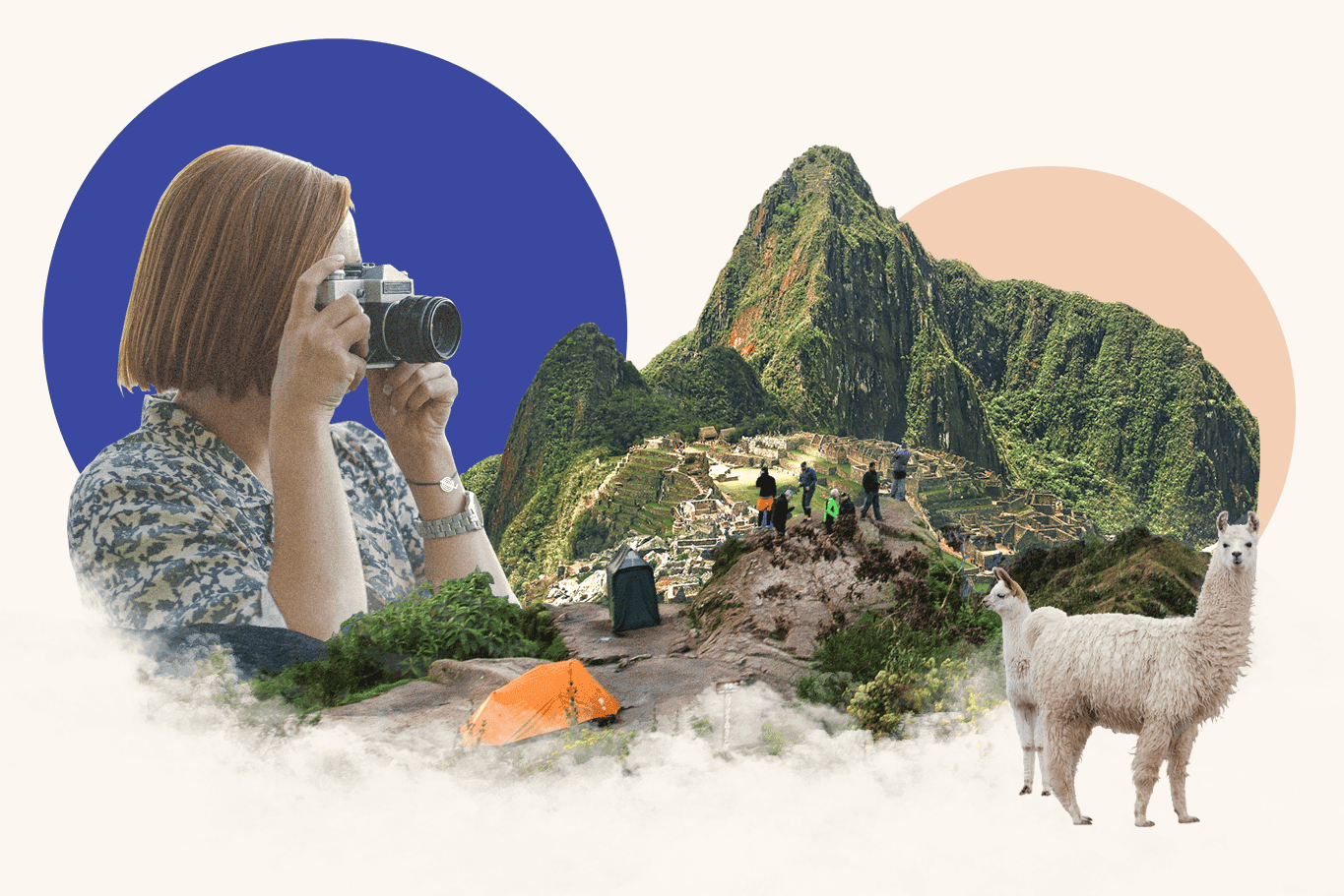 A collage of Machu Picchu, a female backpacker and a photographer taking a photo.