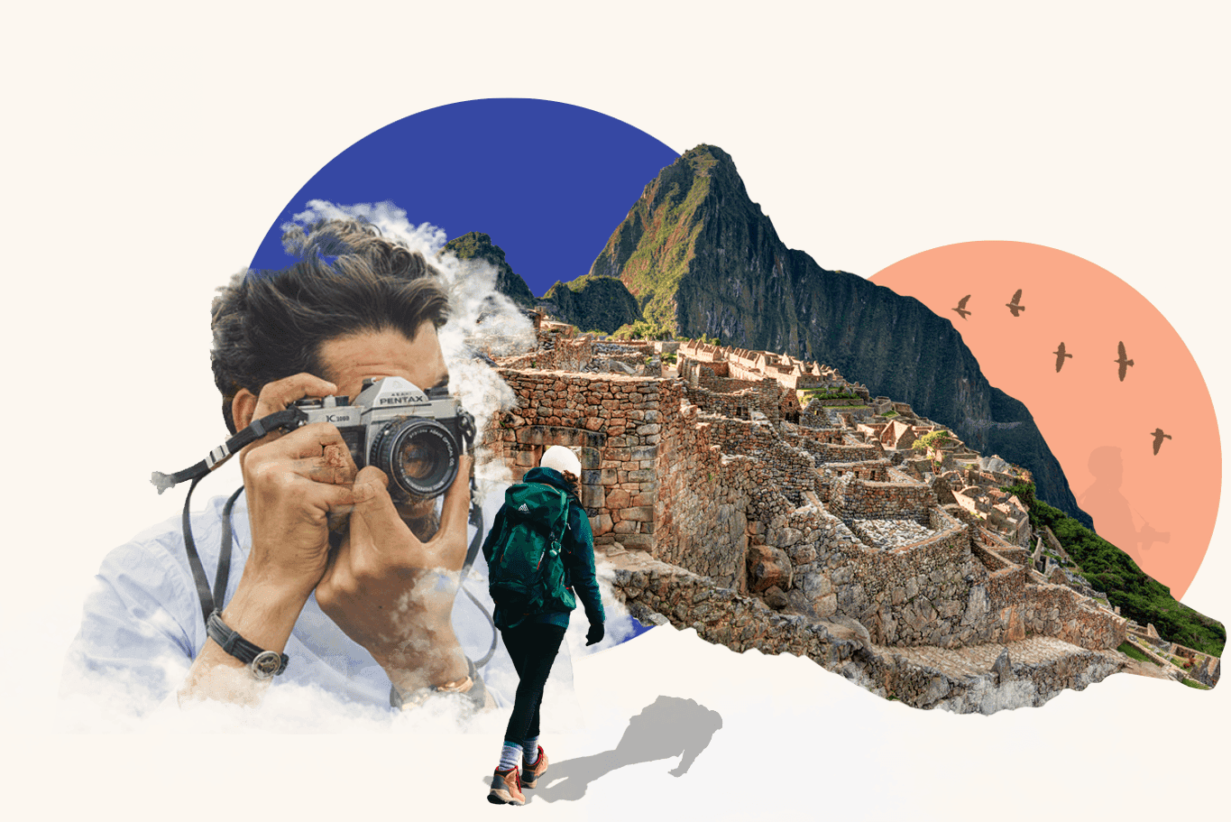 A collage of Machu Picchu, a female backpacker and a photographer taking a photo.