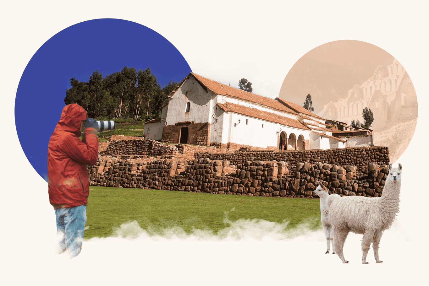 A collage of Machu Picchu, a female backpacker and a photographer taking a photo.