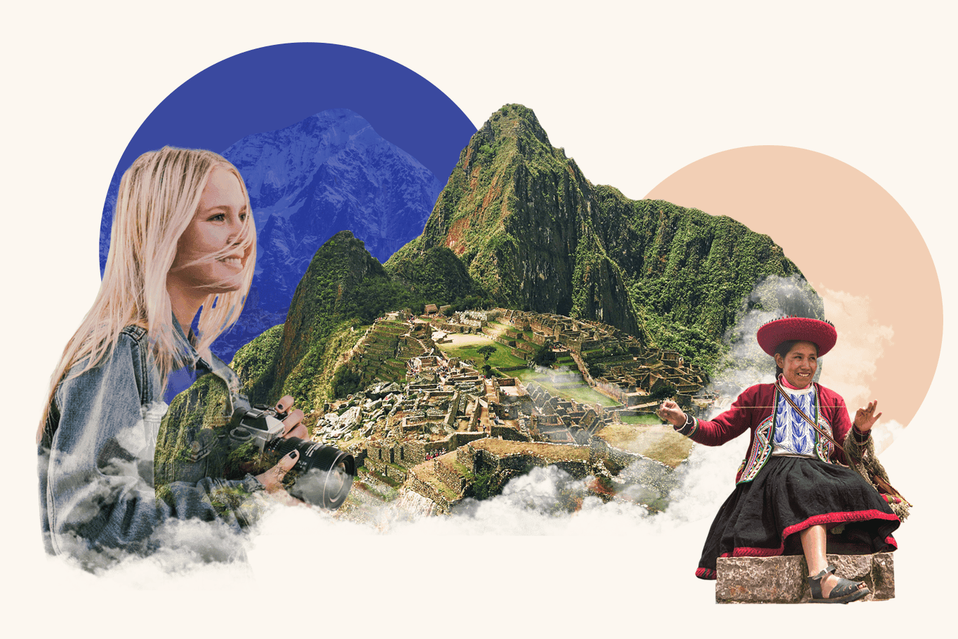 A collage of Machu Picchu, a female backpacker and a photographer taking a photo.