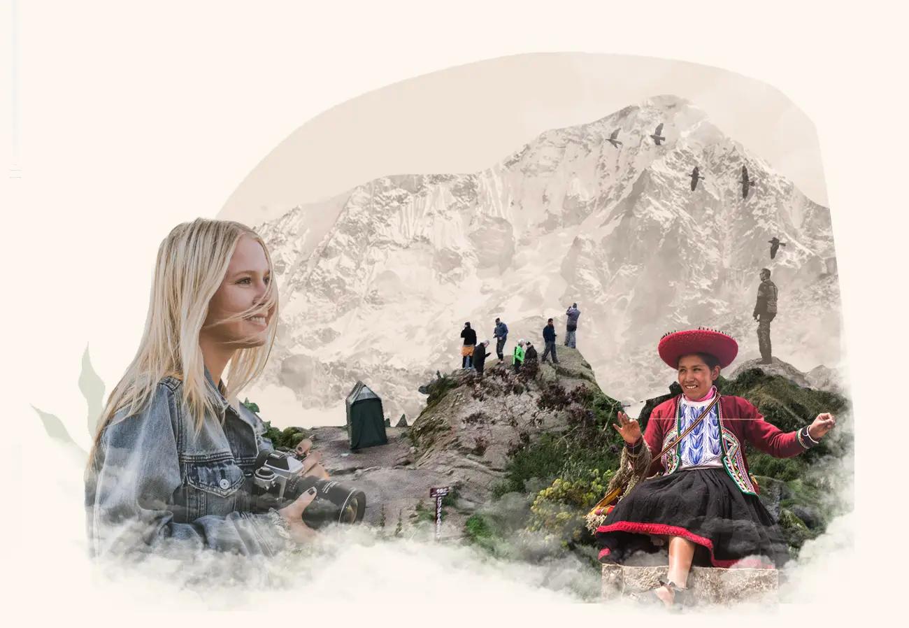 A collage with a girl holding a camera on the right, snow-capped mountains in the back, campers at a campsite, and a Peruvian woman