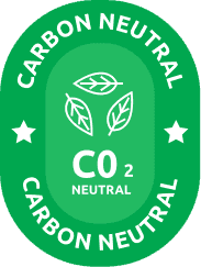 An green oval shaped stamp that says that Peru for less is carbon neutral along the top of the oval in white letters