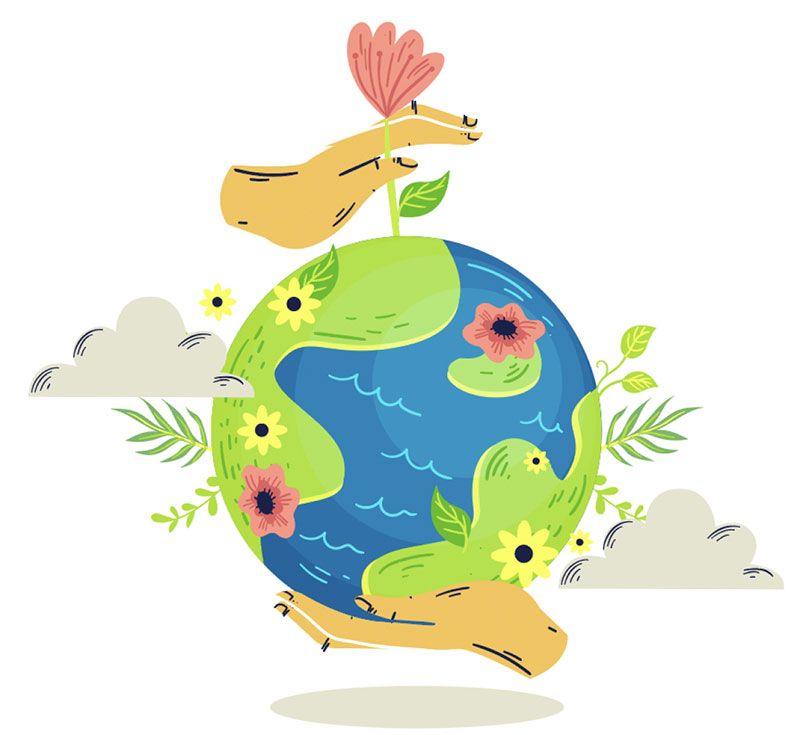 A cartoon of planet earth with yellow and pink flowers. A hand is holding earth below and a hand above is planting a flower into earth