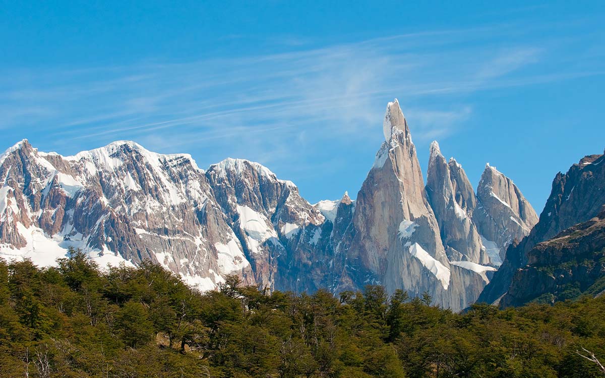 The pointed peaks of the mountains of Torres del Paine National Park on a clear day.