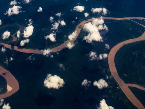 The winding Amazon River as seen from above Iquitos, Peru