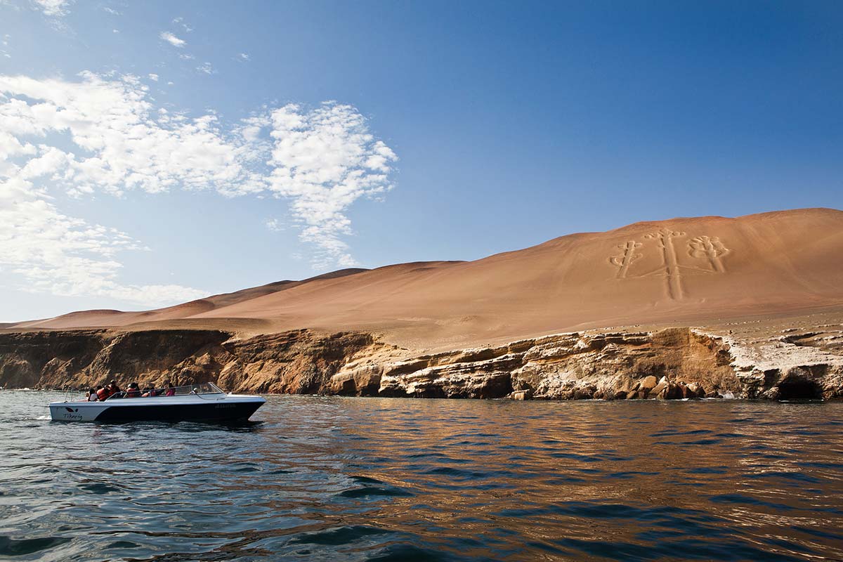 The fork-shaped Candelabra glyph on a desert hillside in Paracas that's viewed from the ocean. 