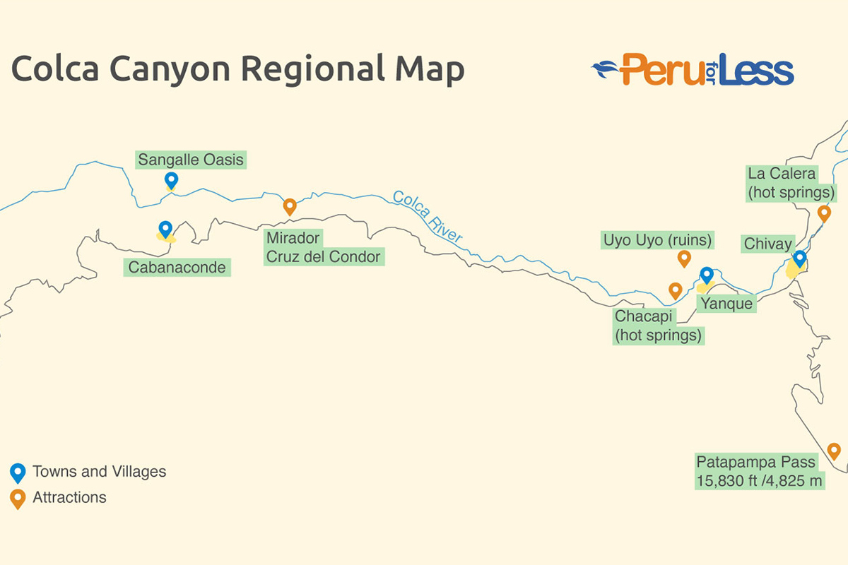 Colca Canyon map displaying attractions and various villages from Chivay to Cabaconde.