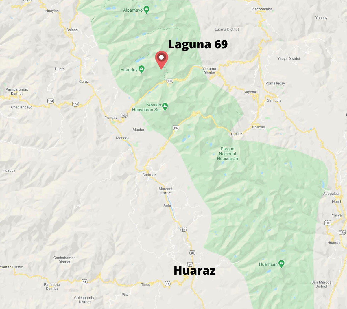 Laguna 69 on map. Laguna 69 is 57 miles (92.7 km) north of Huaraz city.