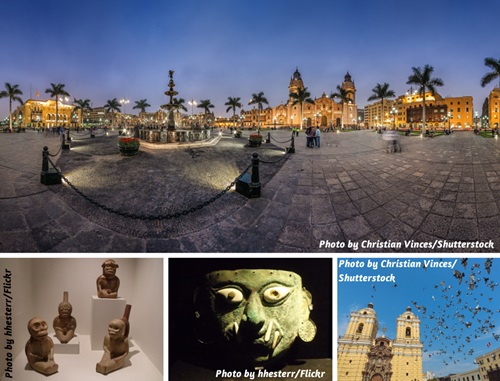 Photo collage of museum art and historical buildings in Lima, Peru