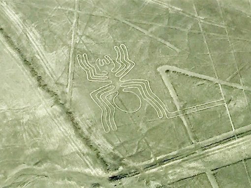 Flying over the desert of Peru and looking down on the Spider Nazca Line.