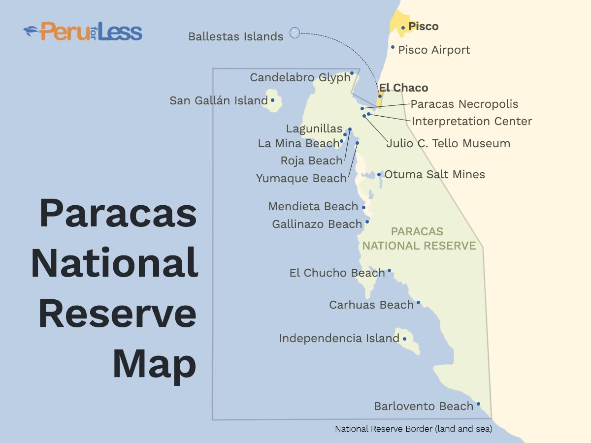 Illustrated map of the Paracas National Reserve includes beaches, islands and visitor attractions. 