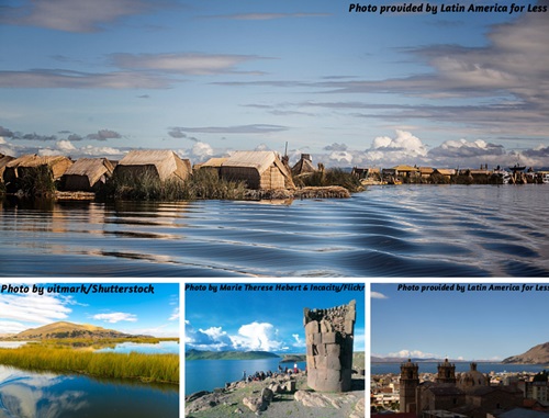 Photo collage of Puno and Lake Titicaca scenery and ruins, Peru