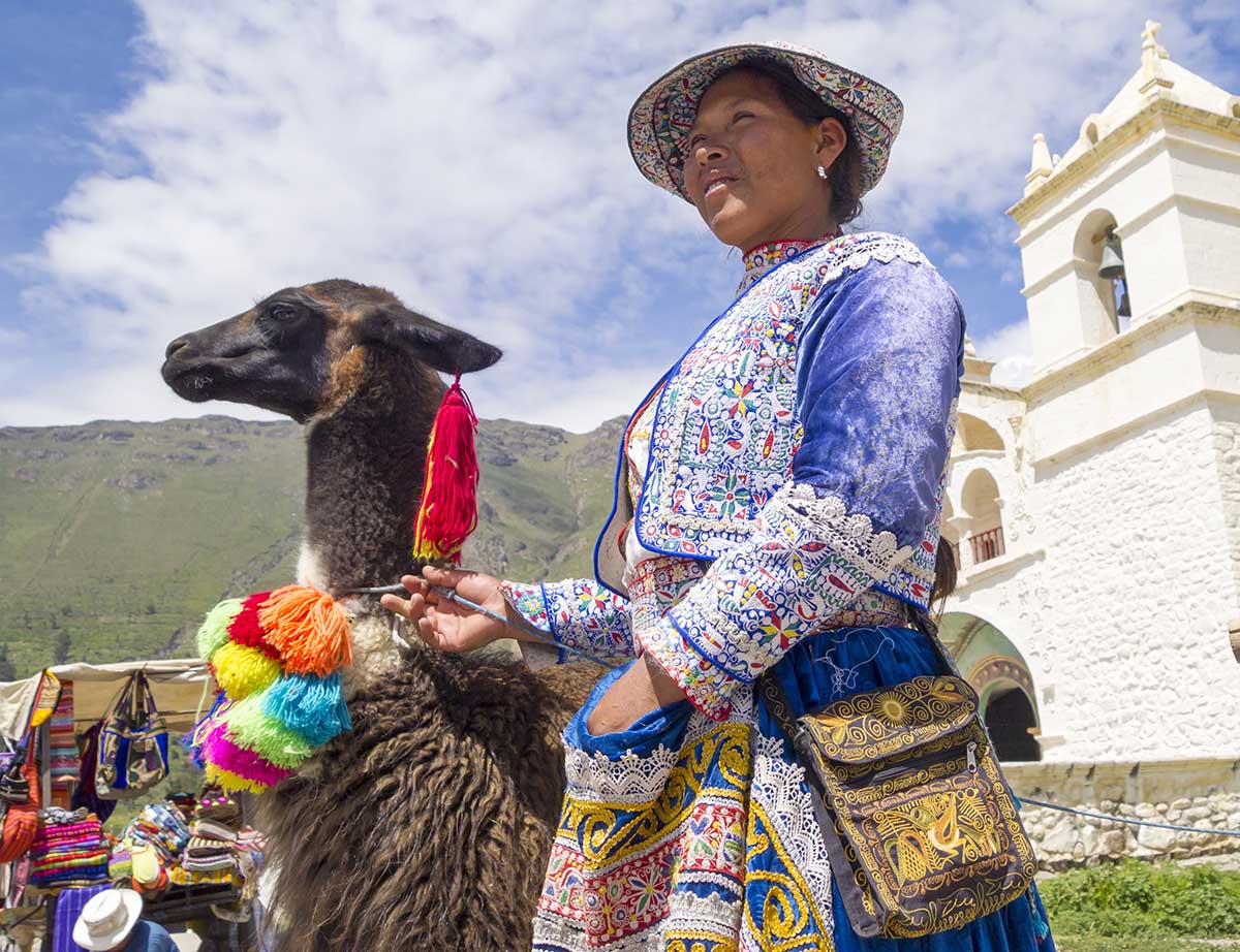 An Andean woman in a blue, embroidered vest and skirt holds a brown llama wearing colorful pompoms.