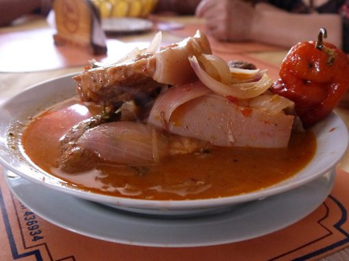 A traditional soup in Arequipa featuring meat, onions and a spicy rocoto pepper.