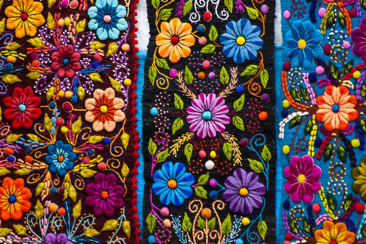 Three bands of brightly colored flower embroidery from Ayacucho.