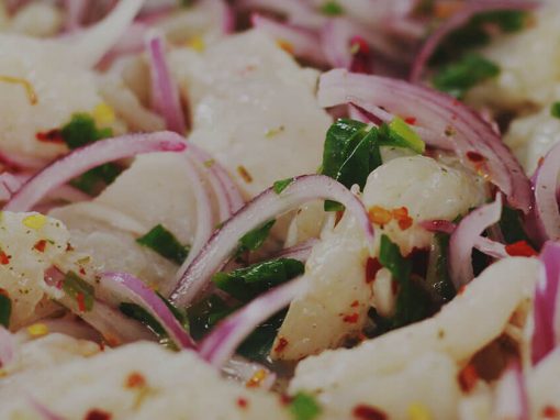 A fresh plate of ceviche, a dish consisting of raw fish marinated in lime juice