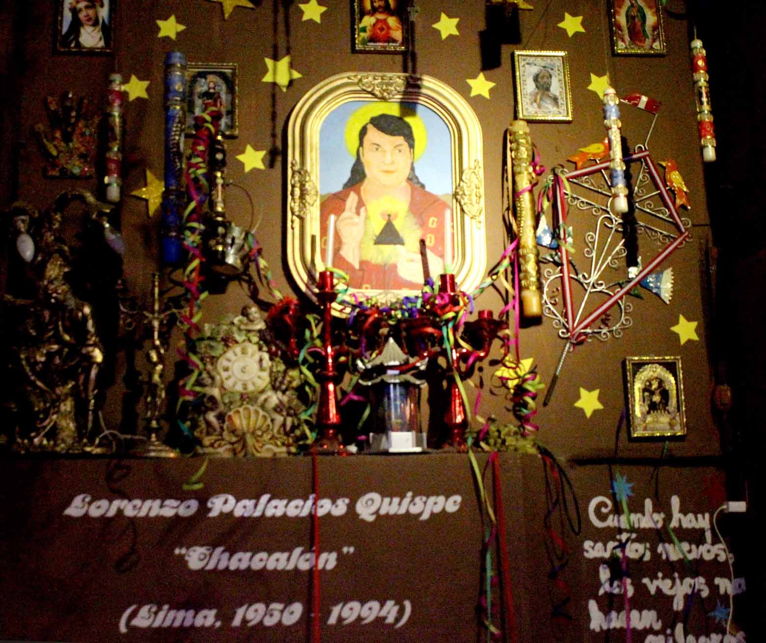 Religiously decorated memorial for chicha musician Chacalón.