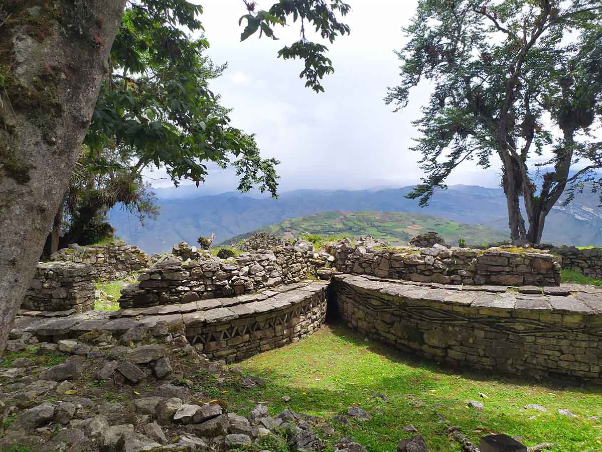 Intricate designs on the exterior of round houses at Kuelap.