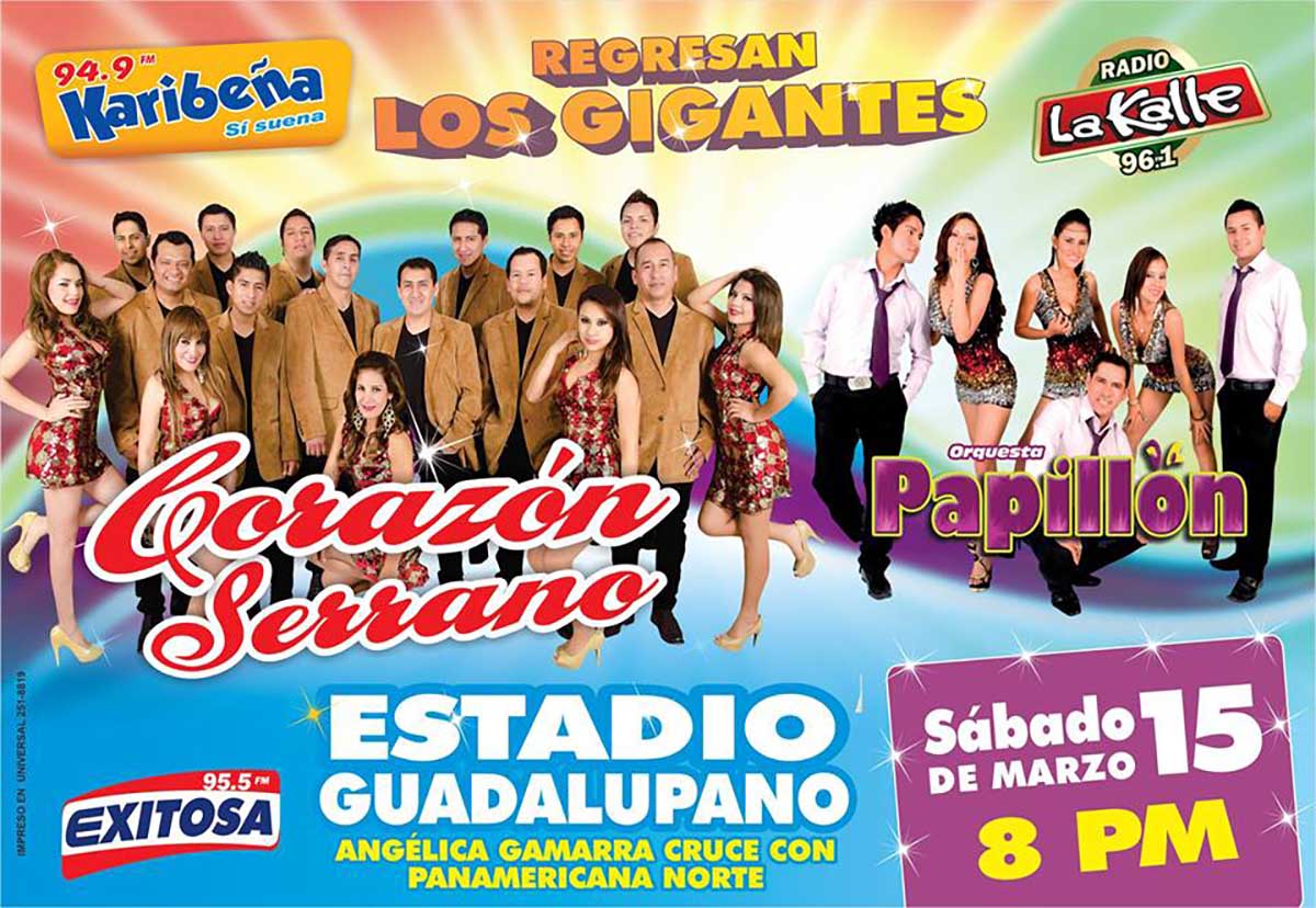 Colorful concert advertisement for Corazon Serrano & Orquesta Papillon. Concert details in writing.