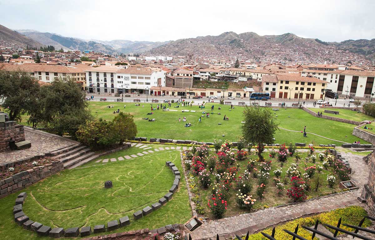 The gardens of Coricancha, once filled with gold statues, have become a comfortable place to relax.