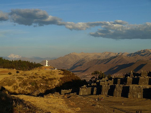 The Inca fortress of Sacsayhuamán and the nearby Cristo Blanco statue overlooking the city of Cusco.