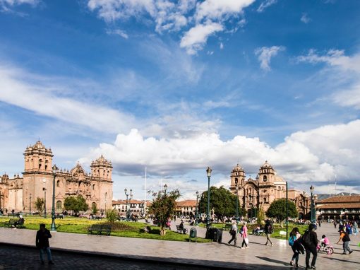 Partly cloudy skies over the Plaza de Armas of Cusco, the city's main square and gathering place.