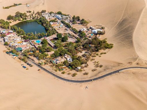 Aerial view of the Huacachina desert oasis in Peru