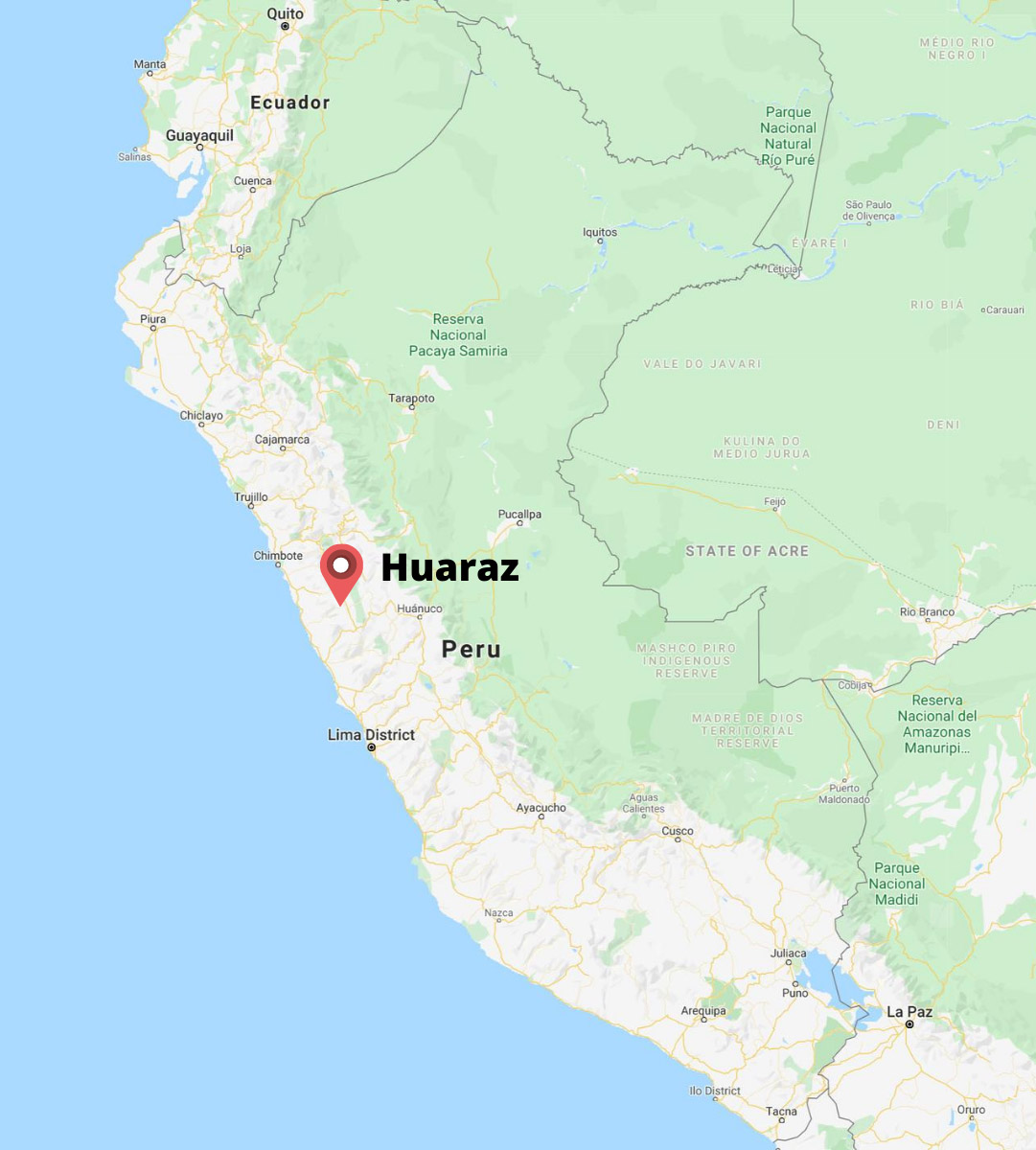 A map of Peru highlighting the city of Huaraz. 