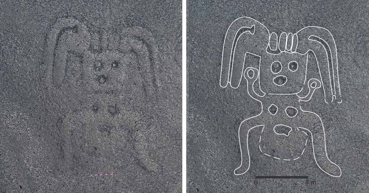 A new Nazca Line of a human figure wearing a headdress. A processed image identifies the lines.