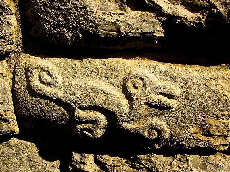 A stone wall with an animal carving in a brick at the Kuelap Fortress.