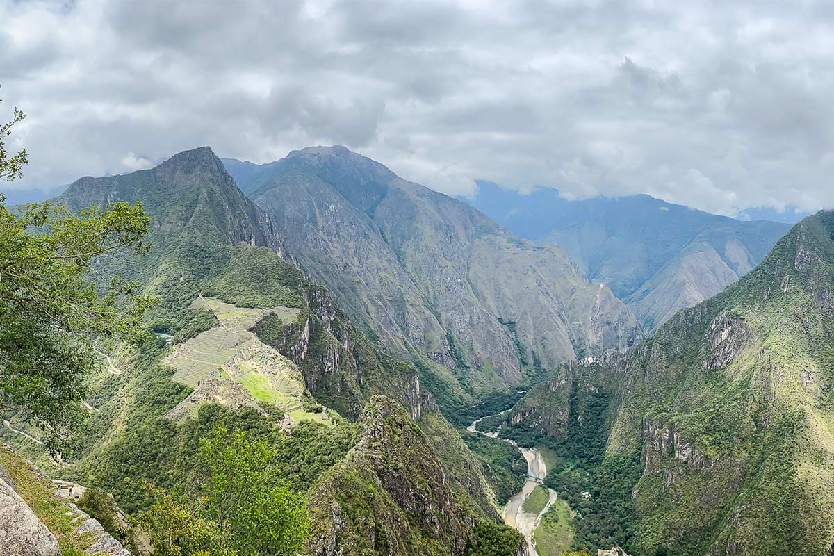 The mountaintop ruins of Machu Picchu with the Urubamba River flowing in the valley below.