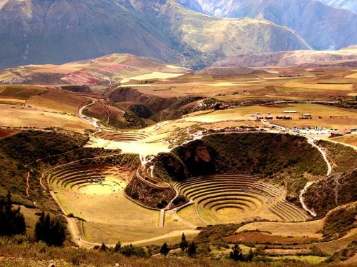 The Moray terraces seen from above with the Andes mountains behind