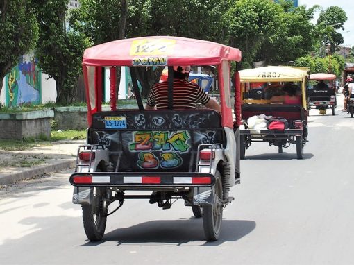 Several mototaxis on the road in Iquitos, the largest city in the Peruvian Amazon.