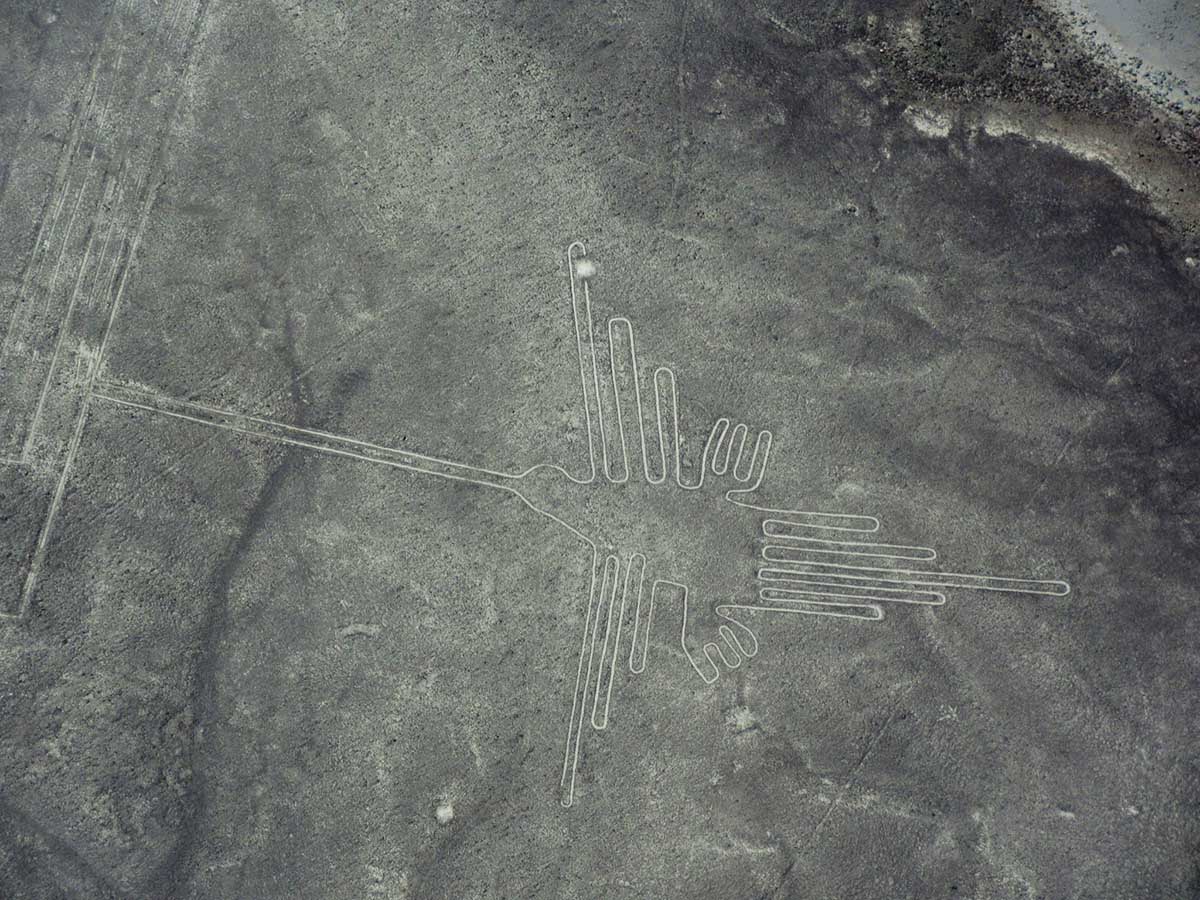 Aerial view of the Nazca Lines hummingbird geoglyph.
