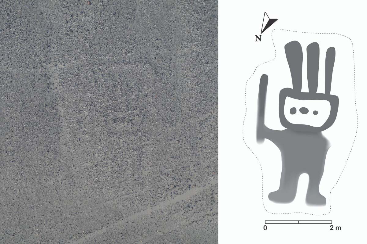 The first Nazca Line found with AI, a faded human figure, and a processed image of the glyph.
