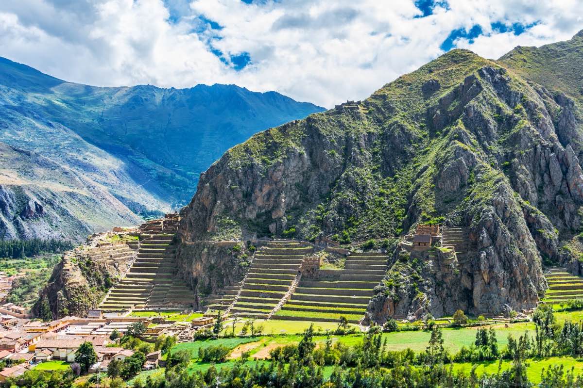 A Panoramic view of the ancient inca ruins of Ollantaytambo. This archeological site offers stunning views of the Sacred Valley of the Incas