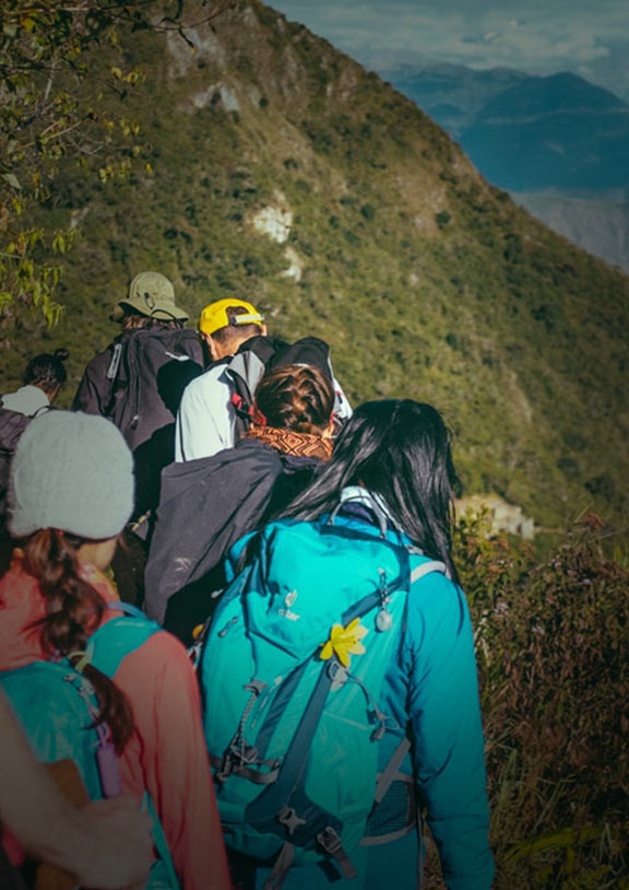 A group of trekkers led by their guide on the Inca Trail following a path near green mountains