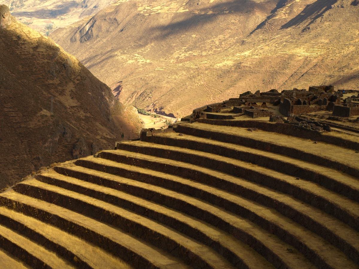Dozens of beautiful terraces mark the ancient site of Pisac, which overlooks the sacred valley.