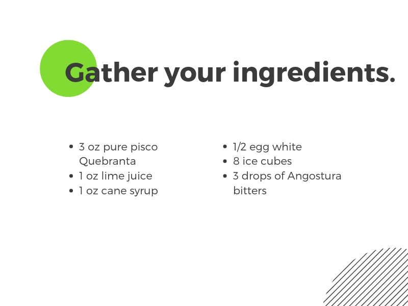 List of ingredients to make a pisco sour.