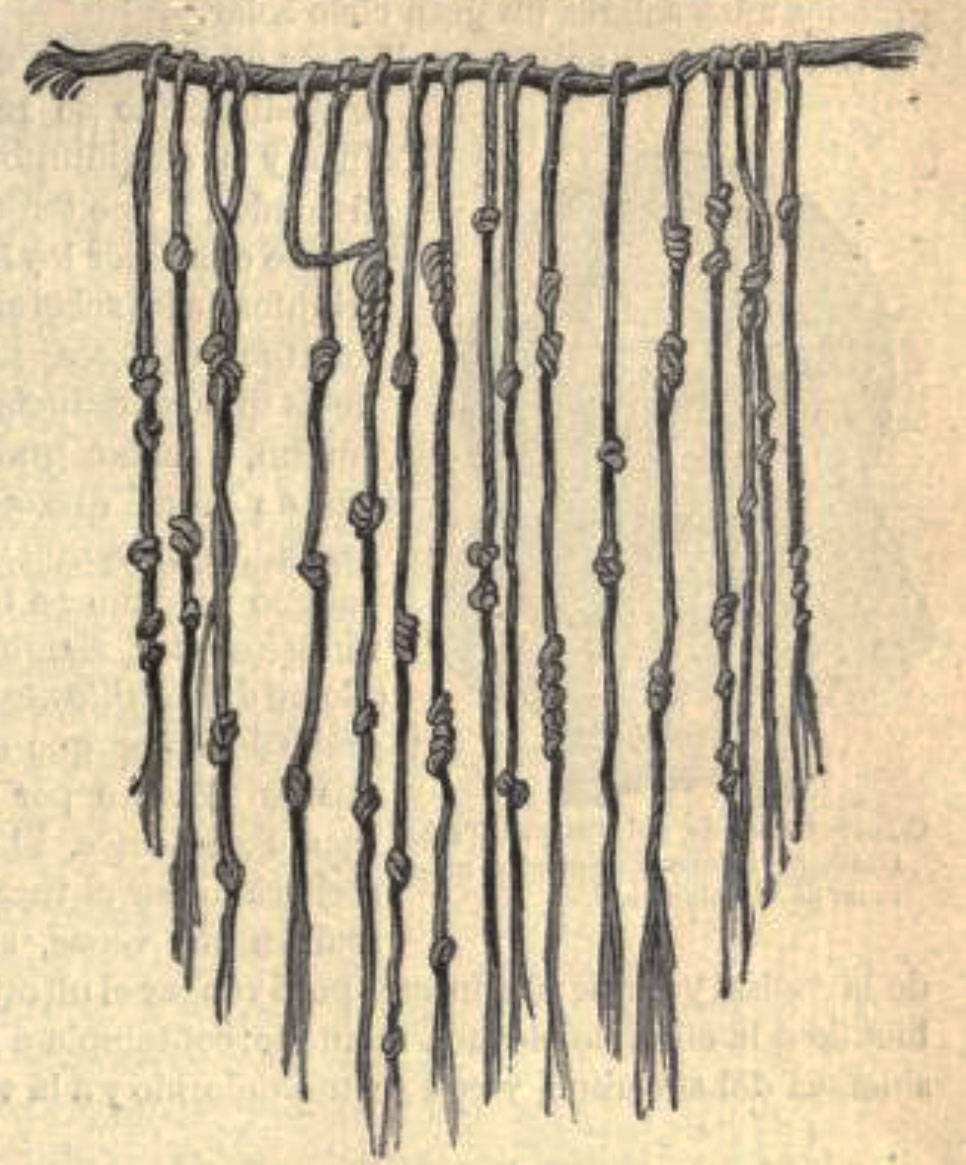 An illustration of a quipu, the Inca writing system that consisted of ropes and knots.
