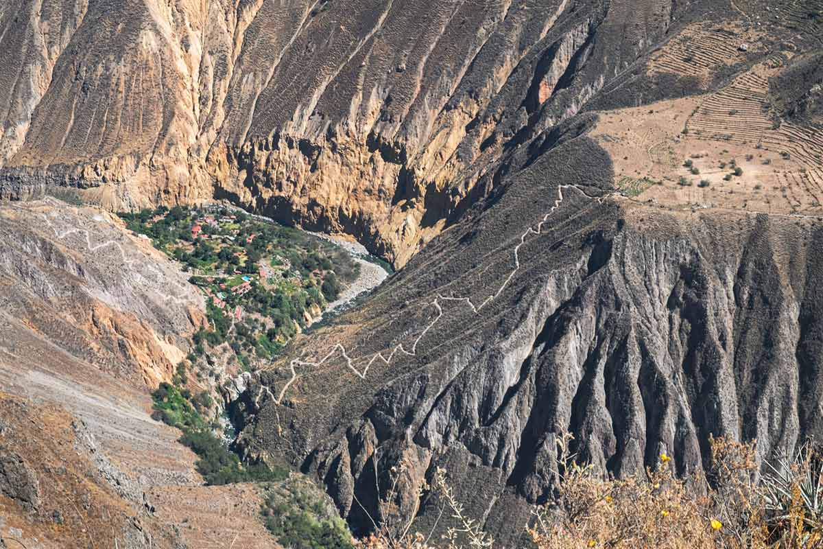Looking down at the village of Sangalle along the canyon river and the footpath going down.