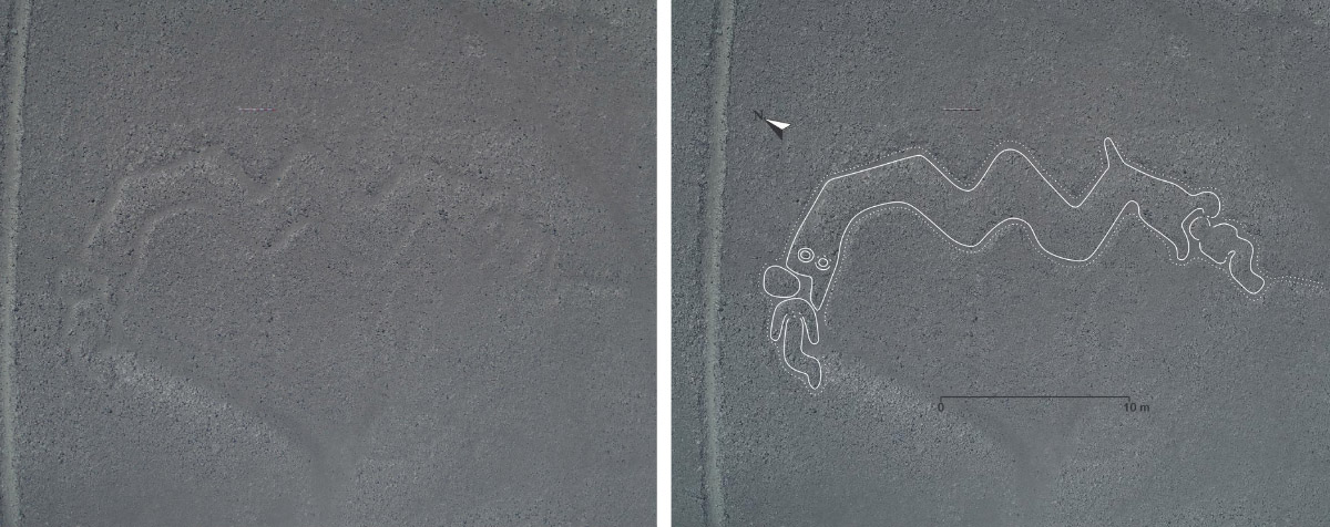 A recently identified geoglyph of a two-headed snake eating a human on each end.