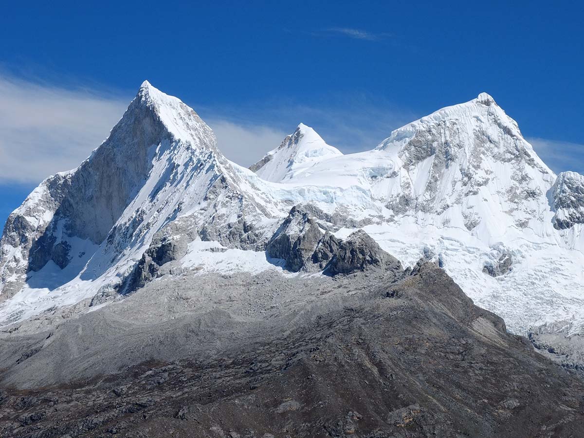 Snow-capped mountain peaks from the Cordillera Blanca mountain range of Peru near Laguna 69. 