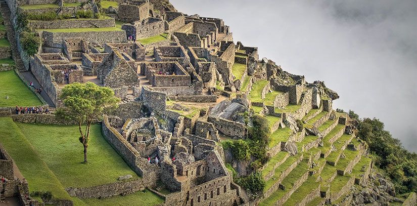 World Heritage Site Machu Picchu surrounded by mist, with its traditional terracing and iconic Inca stone ruins.